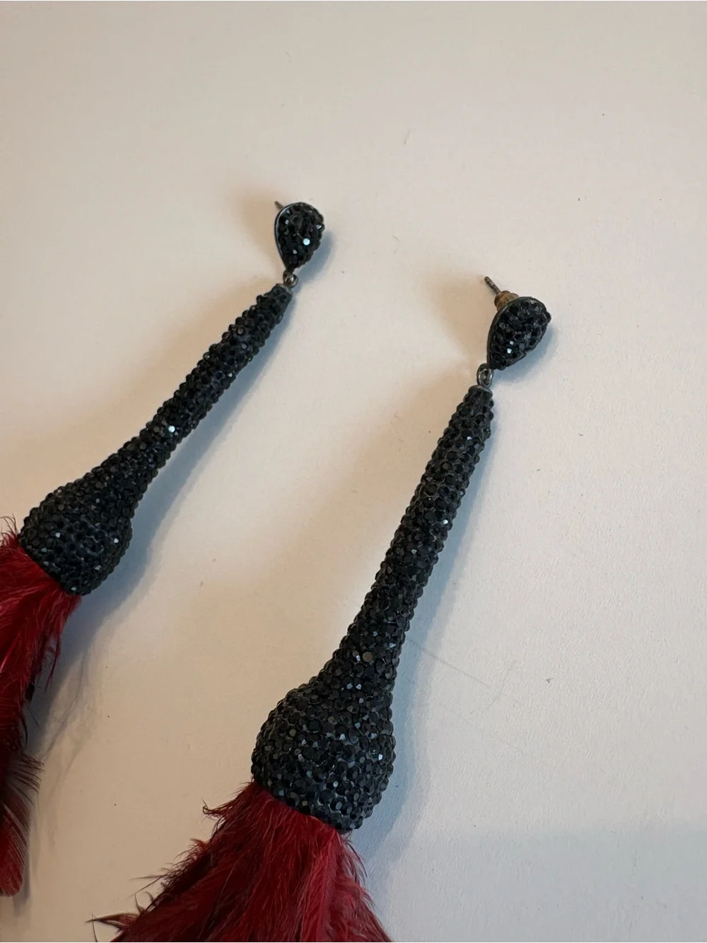 Black & Red Feather Drop Earrings - Women Accessories